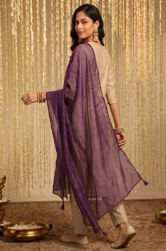Beige & purple embroidered chanderi straight kurta pant set with embroidered taby dupatta
