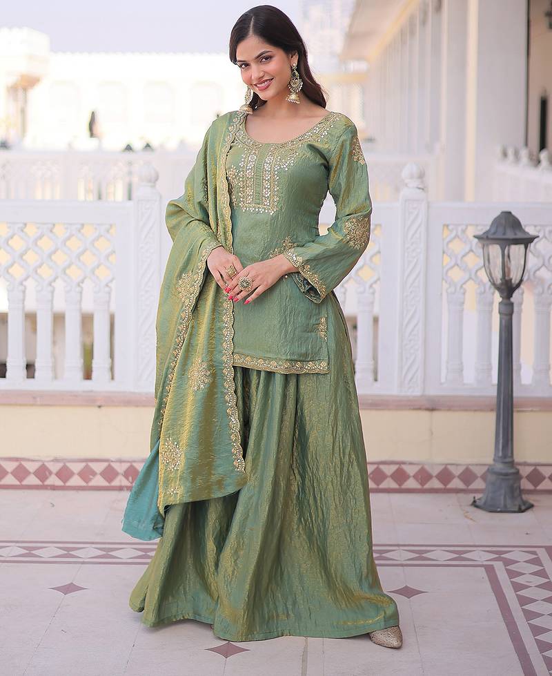 Pista green embroidered cp vichitra silk kurta palazzo set with embroidered dupatta