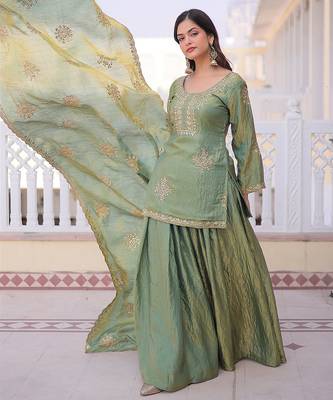 Pista green embroidered cp vichitra silk kurta palazzo set with embroidered dupatta 3