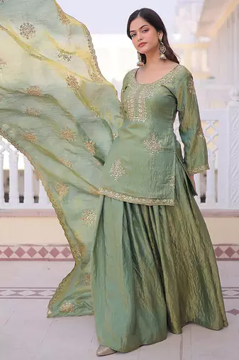 Pista green embroidered cp vichitra silk kurta palazzo set with embroidered dupatta