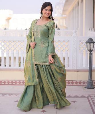 Pista green embroidered cp vichitra silk kurta palazzo set with embroidered dupatta 5