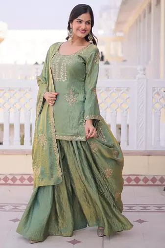 Pista green embroidered cp vichitra silk kurta palazzo set with embroidered dupatta