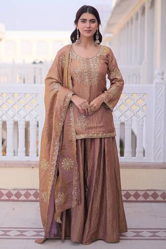 Peach embroidered cp vichitra silk kurta palazzo set with embroidered dupatta