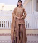 Peach embroidered cp vichitra silk kurta palazzo set with embroidered dupatta