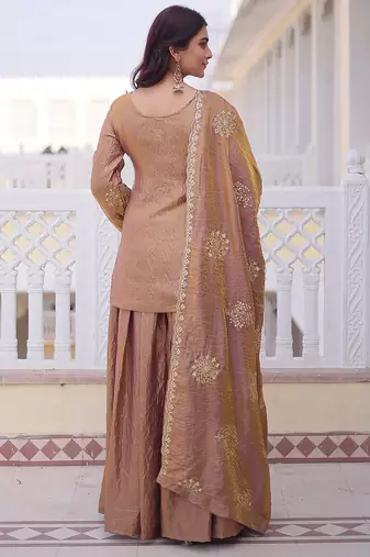 Peach embroidered cp vichitra silk kurta palazzo set with embroidered dupatta