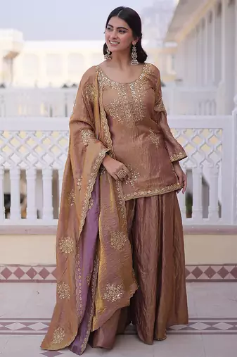 Peach embroidered cp vichitra silk kurta palazzo set with embroidered dupatta