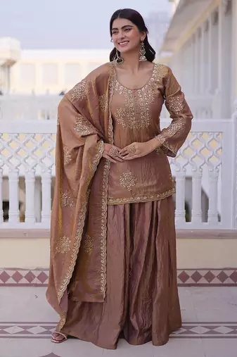 Peach embroidered cp vichitra silk kurta palazzo set with embroidered dupatta