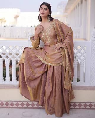 Peach embroidered cp vichitra silk kurta palazzo set with embroidered dupatta 5