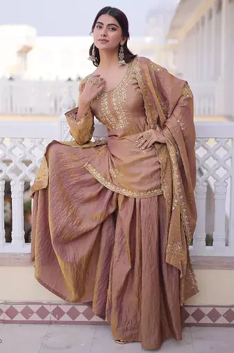 Peach embroidered cp vichitra silk kurta palazzo set with embroidered dupatta