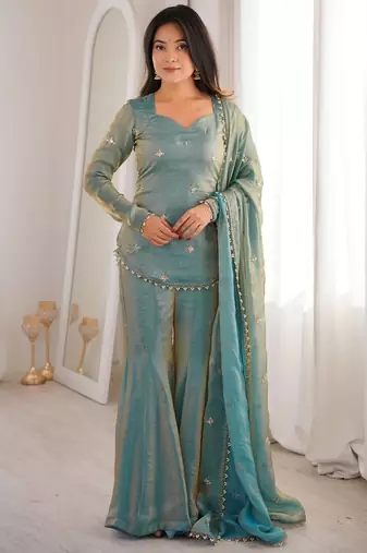 Blue embroidered fandy silk salwar suit with beads work and dupatta