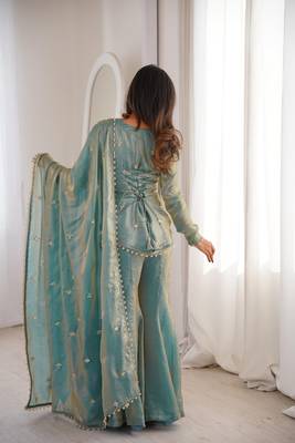 Blue embroidered fandy silk salwar suit with beads work and dupatta 3