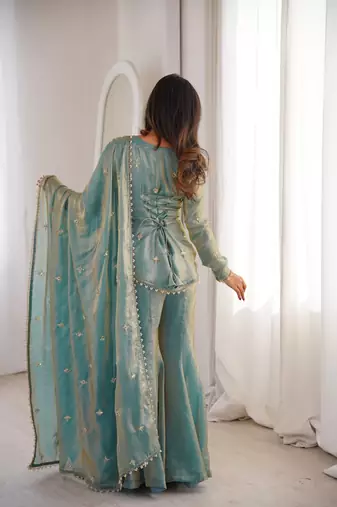 Blue embroidered fandy silk salwar suit with beads work and dupatta