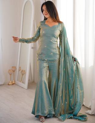 Blue embroidered fandy silk salwar suit with beads work and dupatta 4