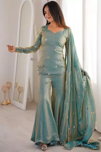 Blue embroidered fandy silk salwar suit with beads work and dupatta