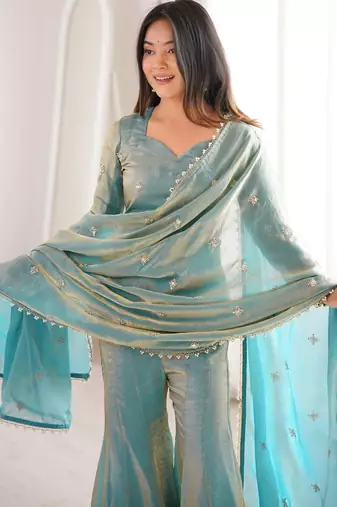 Blue embroidered fandy silk salwar suit with beads work and dupatta