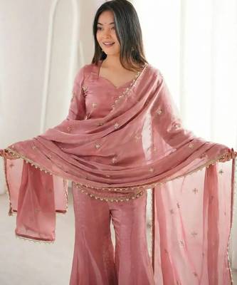Peach embroidered fandy silk salwar suit with beads work and dupatta 3