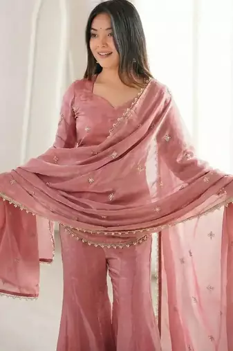 Peach embroidered fandy silk salwar suit with beads work and dupatta