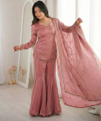 Peach embroidered fandy silk salwar suit with beads work and dupatta 5
