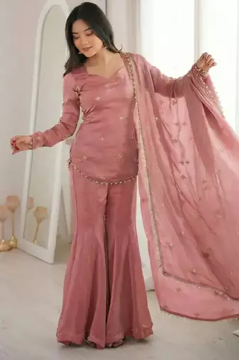 Peach embroidered fandy silk salwar suit with beads work and dupatta