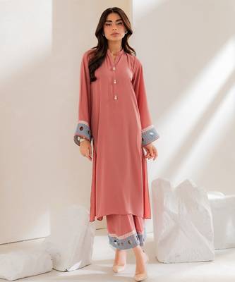 Pink embroidered french crepe kurta pant set 1