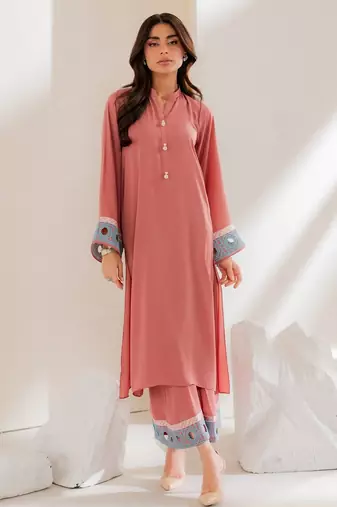 Pink embroidered french crepe kurta pant set