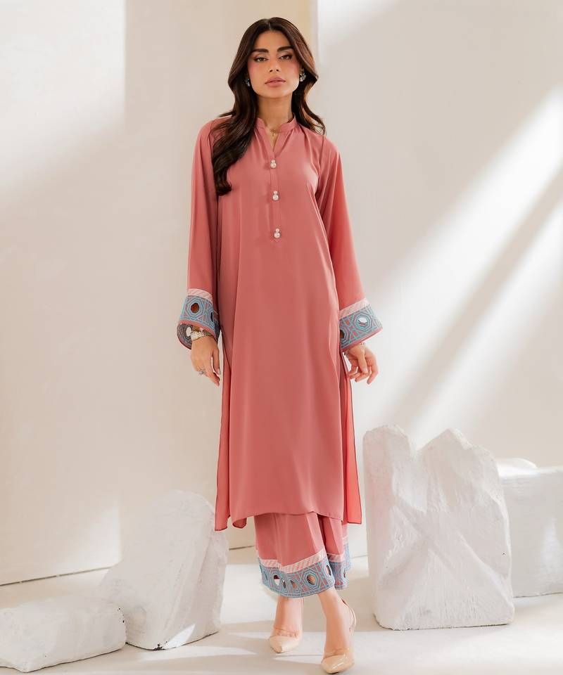 Pink embroidered french crepe kurta pant set