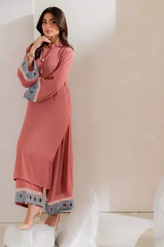 Pink embroidered french crepe kurta pant set