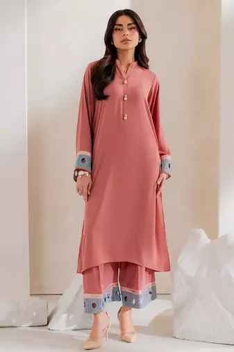 Pink embroidered french crepe kurta pant set