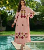 Pink embroidered chanderi silk kurta pant set with hand kodi lace and dupatta