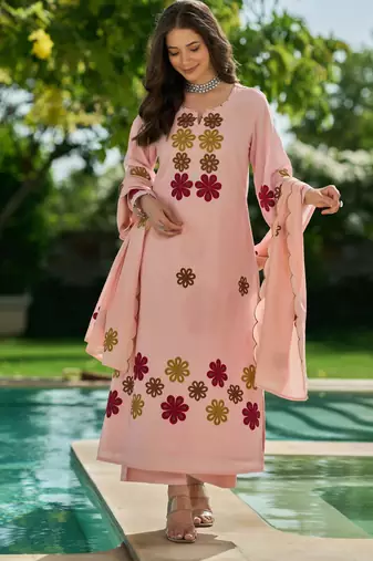 Pink embroidered chanderi silk kurta pant set with hand kodi lace and dupatta