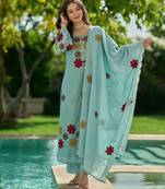 Blue embroidered chanderi silk kurta pant set with hand kodi lace and dupatta