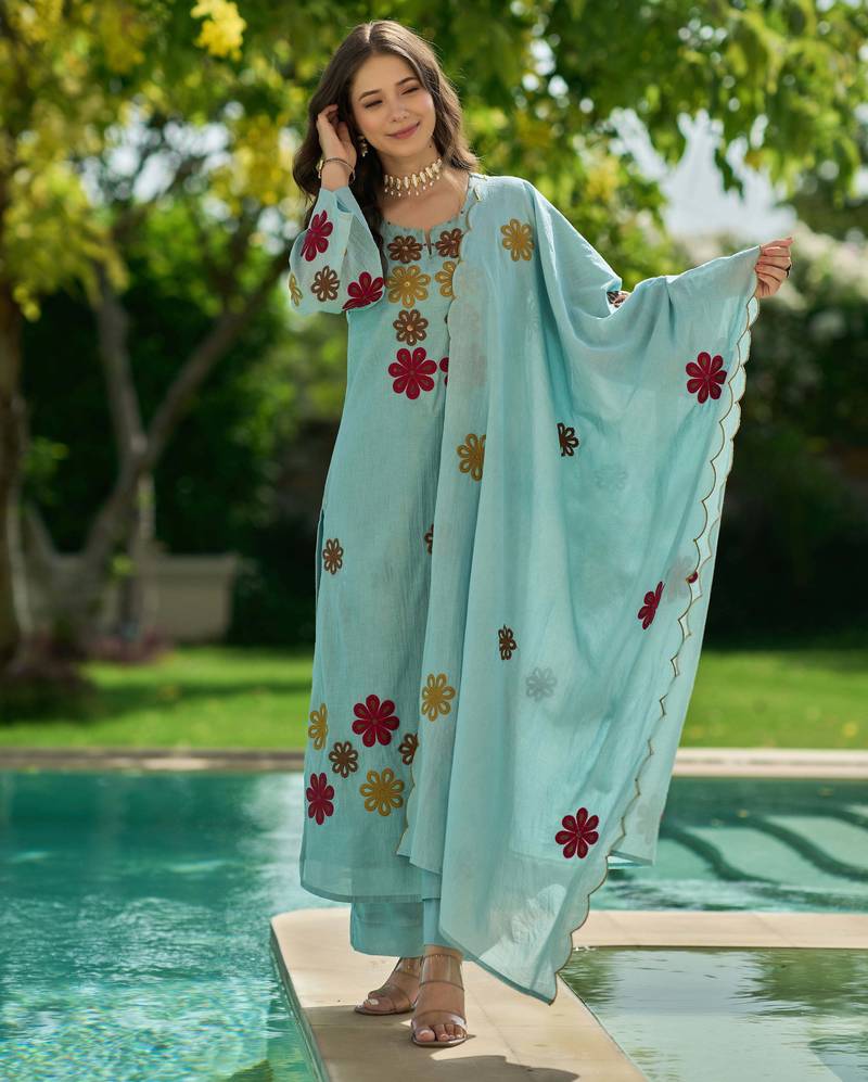 Blue embroidered chanderi silk kurta pant set with hand kodi lace and dupatta