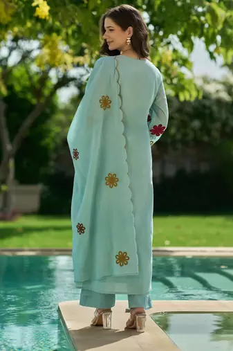 Blue embroidered chanderi silk kurta pant set with hand kodi lace and dupatta