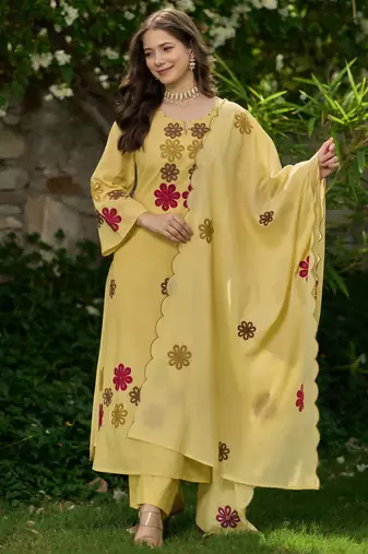 Yellow embroidered chanderi silk kurta pant set with hand kodi lace and dupatta