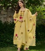 Yellow embroidered chanderi silk kurta pant set with hand kodi lace and dupatta