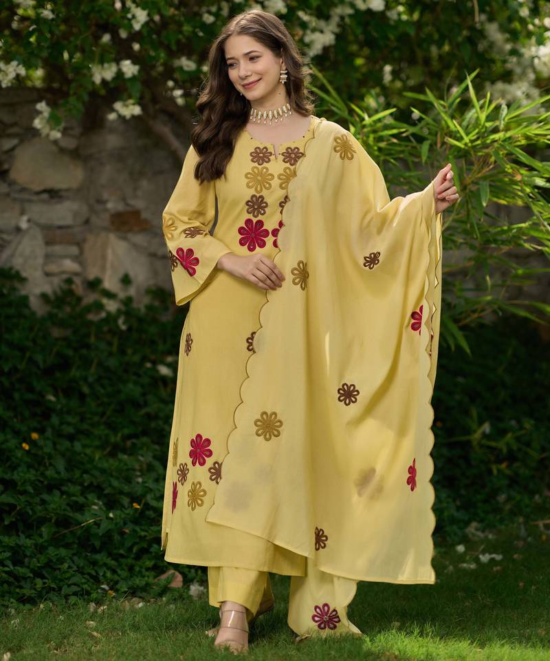 Yellow embroidered chanderi silk kurta pant set with hand kodi lace and dupatta