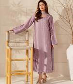 Lavender embroidered french crepe silk kurta pant set with chinon dupatta