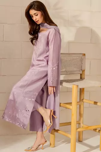 Lavender embroidered french crepe silk kurta pant set with chinon dupatta