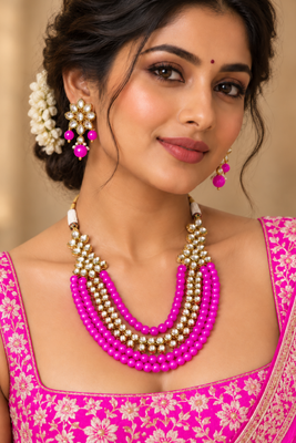Pink Kundan Bead Layered Necklace Set 1