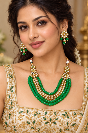 Green kundan bead layered necklace set