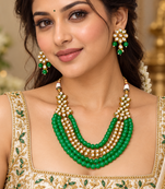 Green kundan bead layered necklace set