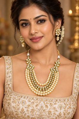 Cream pearl kundan layered necklace set 1