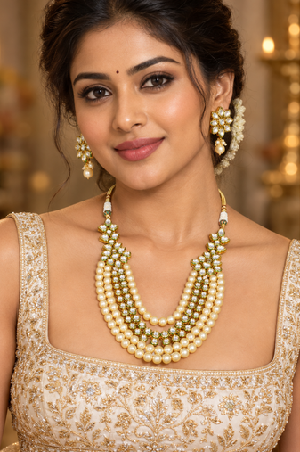 Cream pearl kundan layered necklace set