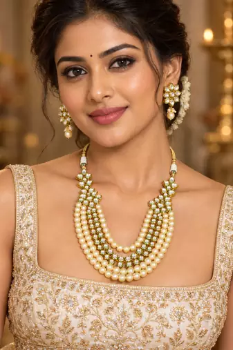 Cream pearl kundan layered necklace set