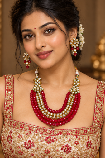 Red kundan bead layered necklace set