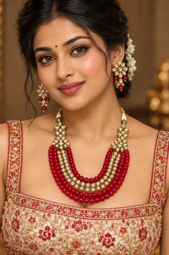 Red kundan bead layered necklace set