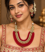 Red kundan bead layered necklace set