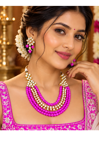Pink Kundan Bead Layered Necklace Set 3