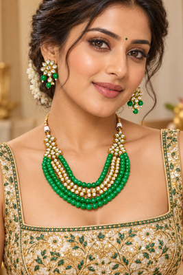 Green kundan bead layered necklace set 3