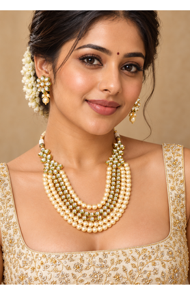 Cream pearl kundan layered necklace set 3
